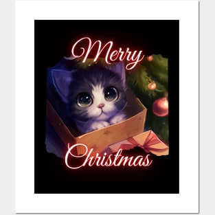 Merry Christmas - Cute Cat Under The Christmas Tree Posters and Art